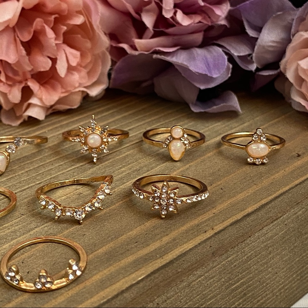 16 Pcs Boho Gypsy Gold, Crystal & Opal Ring Set - Picture 12 of 14